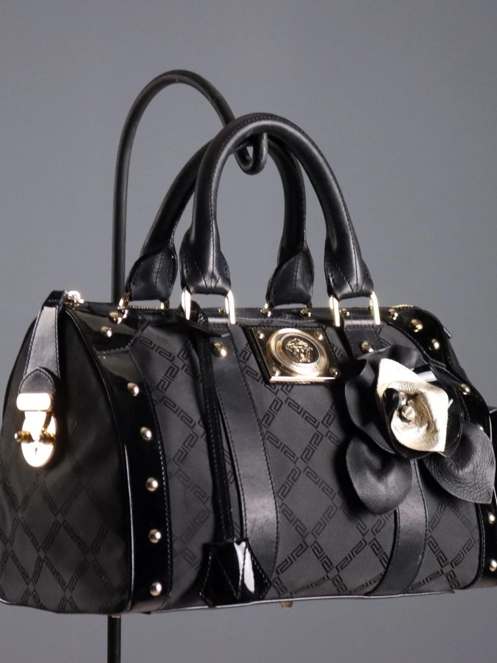 Versace Black Jacquard Doctor Bag With Flower Accents For Trade